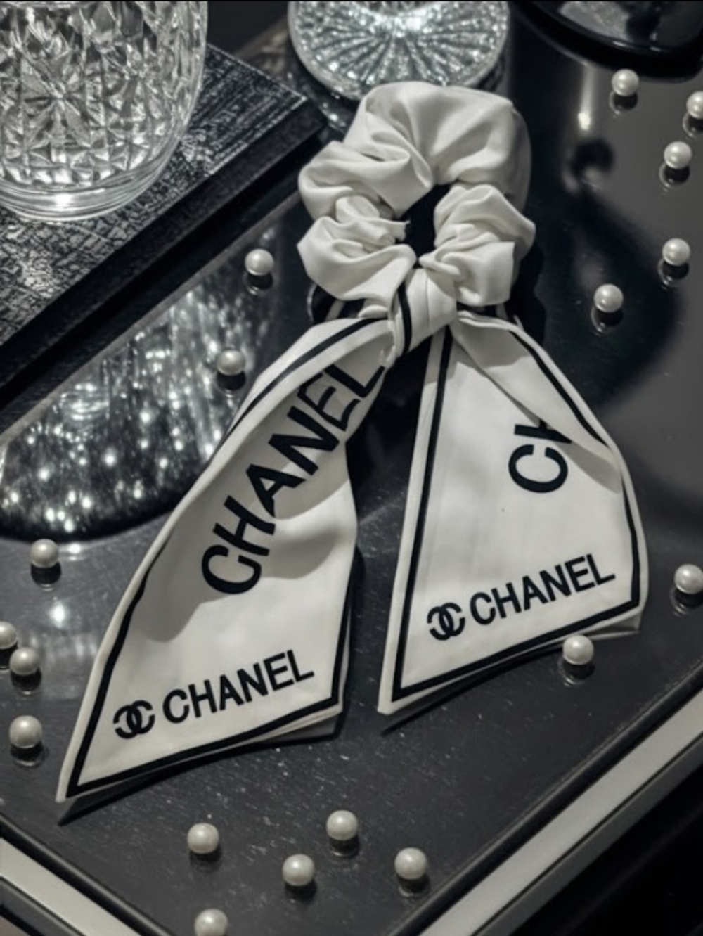 CHANEL White and Black Logo Satin Scrunchie - New!